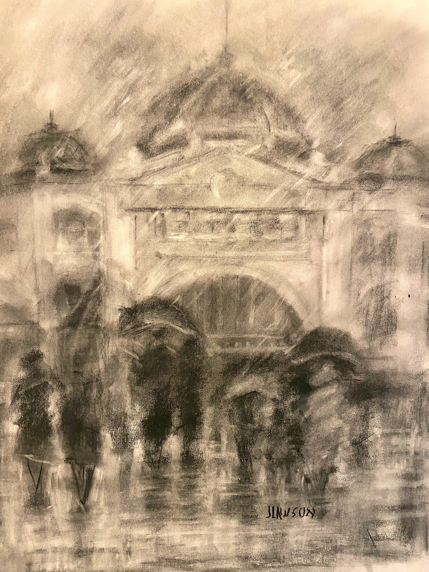 Julie Lawson - Flinders Street, Original Charcoal drawing.