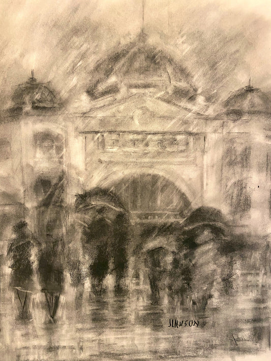 Flinder Street by Julie Lawson - Original Charcoal drawing.